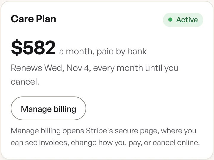 Billing in the client portal for a sample client: the Care Plan, active, $582 a month paid by bank, with a Manage billing button.